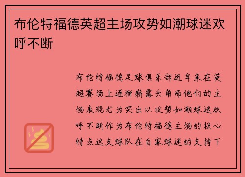 布伦特福德英超主场攻势如潮球迷欢呼不断