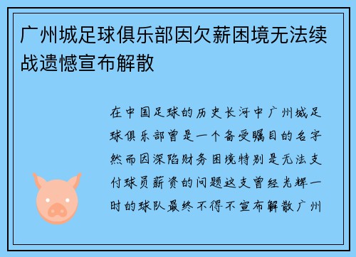 广州城足球俱乐部因欠薪困境无法续战遗憾宣布解散