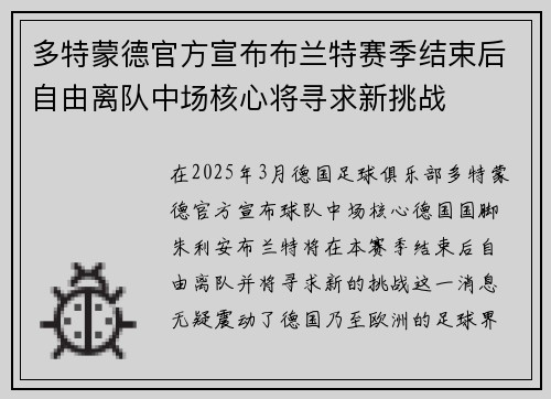 多特蒙德官方宣布布兰特赛季结束后自由离队中场核心将寻求新挑战