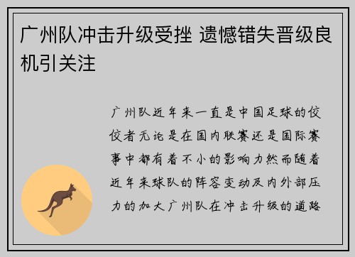 广州队冲击升级受挫 遗憾错失晋级良机引关注